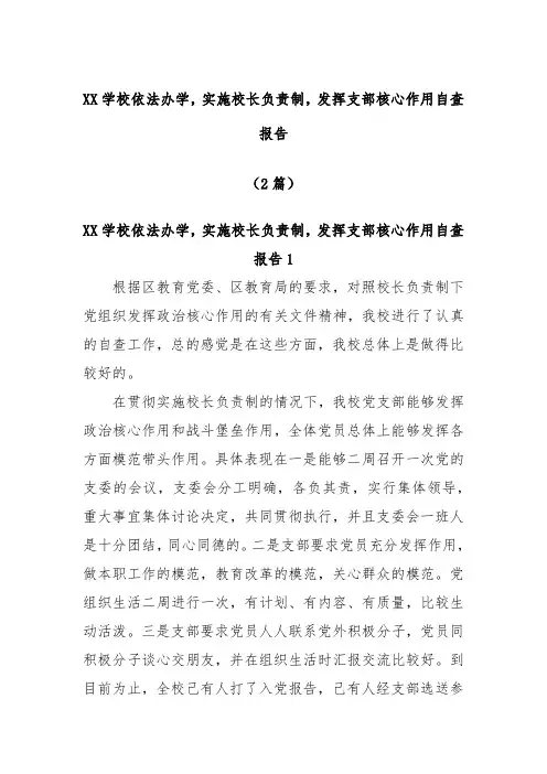(2篇)XX学校依法办学,实施校长负责制,发挥支部核心作用自查报告
