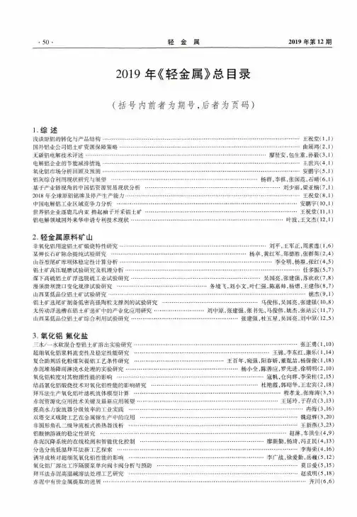 2019年《轻金属》总目录