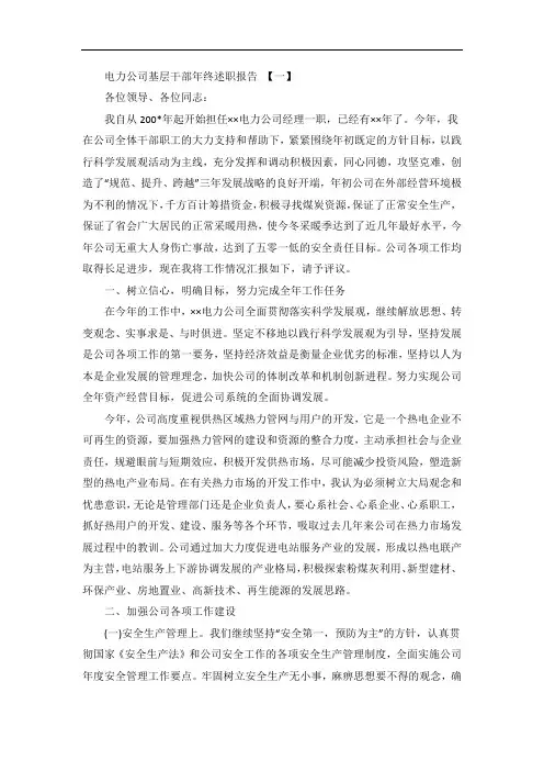 电力公司基层干部年度终述职报告