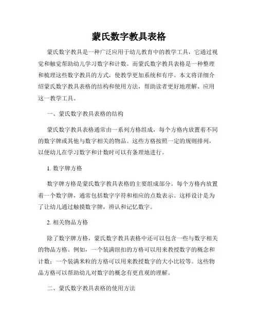 蒙氏数字教具表格