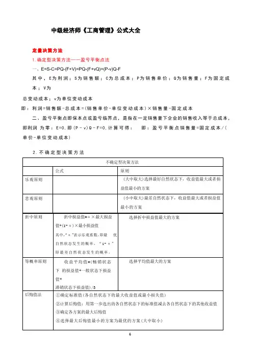 中级经济师《工商管理》公式大全