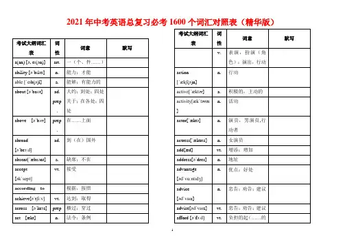 2021年中考英语总复习必考1600个词汇对照表(精华版)