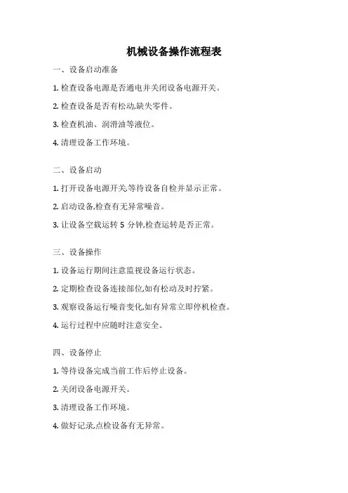 机械设备操作流程表