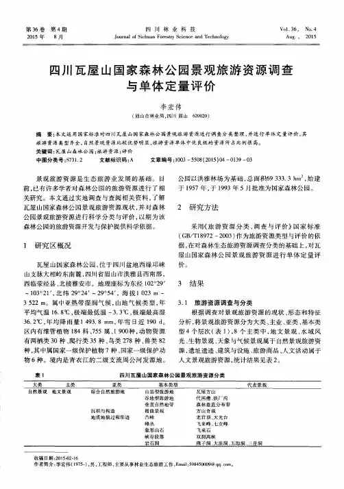 四川瓦屋山国家森林公园景观旅游资源调查与单体定量评价