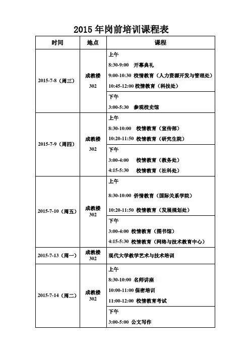 2015岗前培训课程表