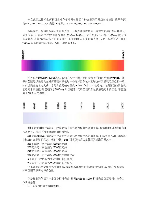 本文从技术上解释目前对色光源中常使用的几种光源：D50,D65,D35,D75,A...