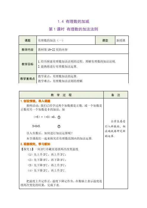 有理数的加减 第1课时 有理数的加法法则教学设计 (表格式) 沪科版数学七年级上册(2024年
