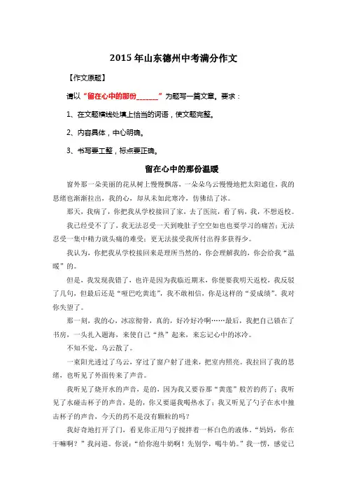 2015年山东德州中考满分作文《留在心中的那份温暖》