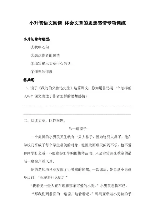 小升初语文体会文章思想感情阅读专题训练  含答案 精品