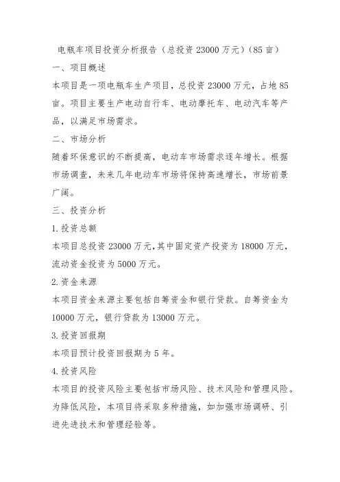 电瓶车项目投资分析报告(总投资23000万元)(85亩)