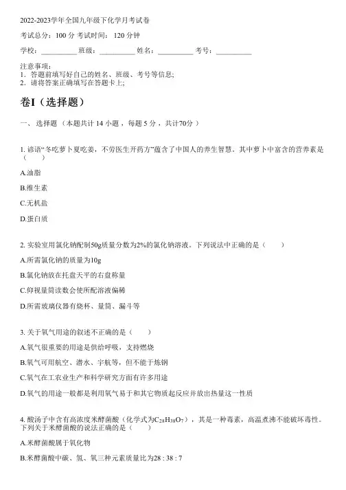 2022-2023学年全国初中九年级下化学人教版月考试卷(含解析)
