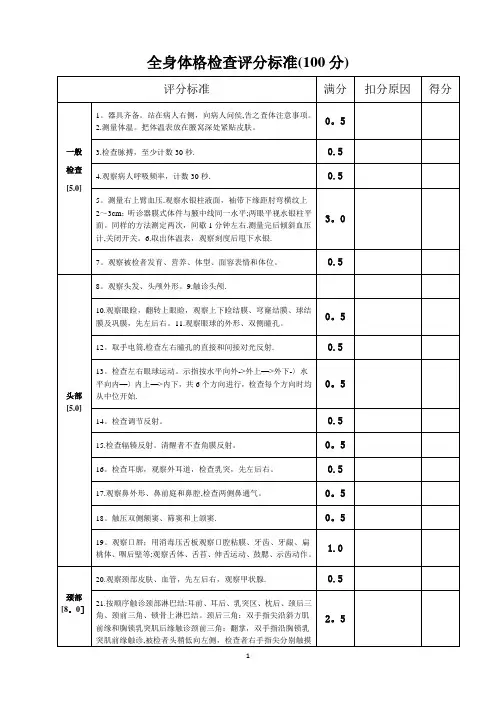 全身体格检查评分标准(表)