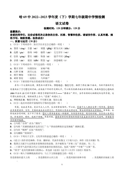黑龙江省哈尔滨市第六十九中学校2022-2023学年七年级下学期期中语文试题(含答案)