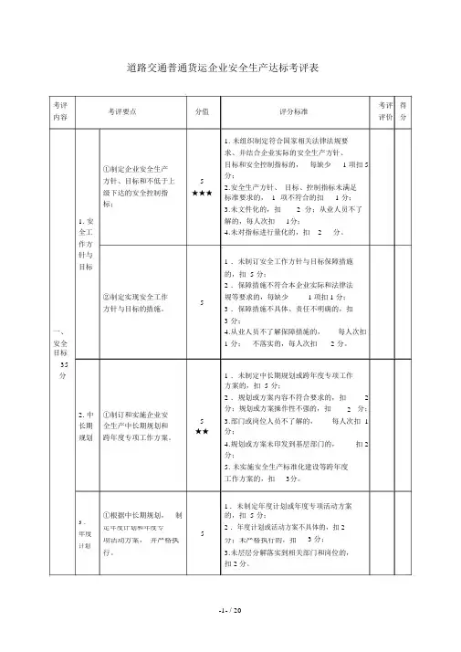 道路交通普通货运企业安全生产达标考评表