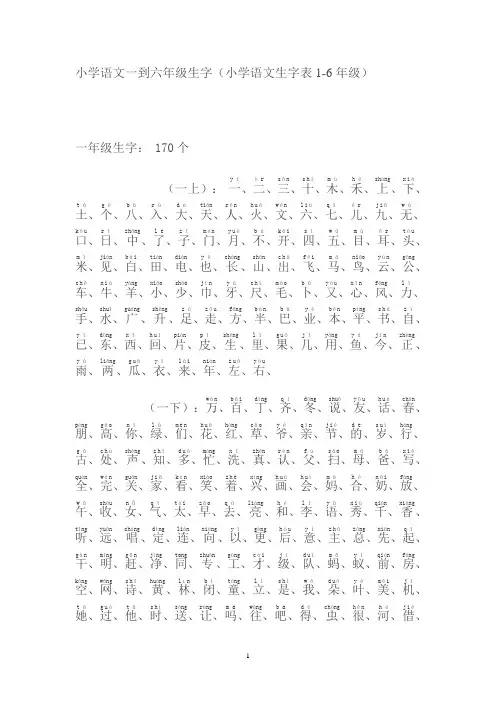 人教版语文一到六年级生字表