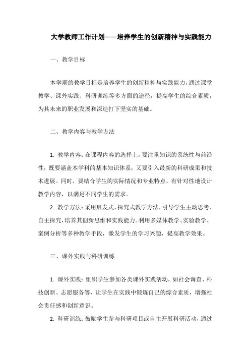 大学教师工作计划——培养学生的创新精神与实践能力