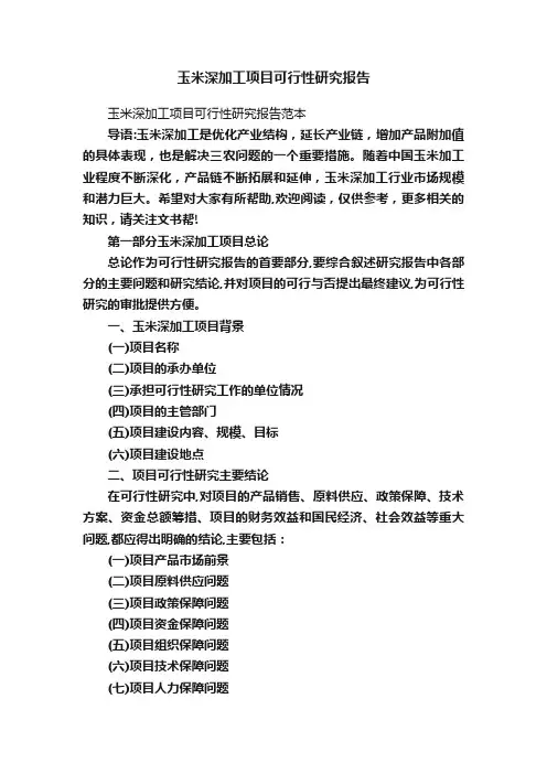 玉米深加工项目可行性研究报告