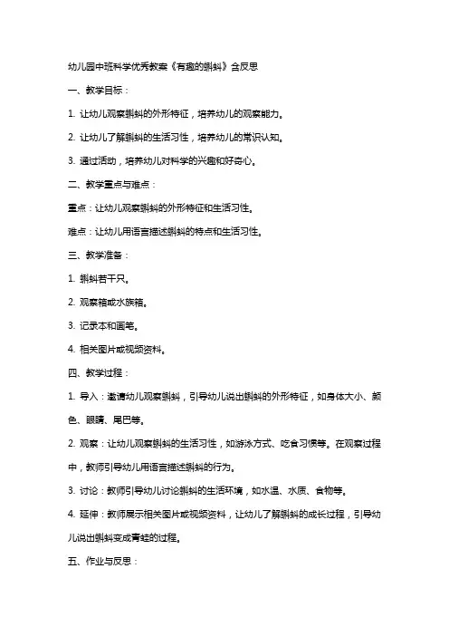 幼儿园中班科学教案《有趣的蝌蚪》含反思