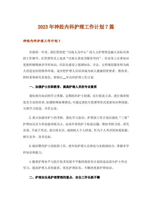 2023年神经内科护理工作计划7篇