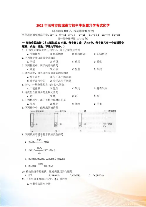 广西玉林市、防城港市2022年中考化学试题