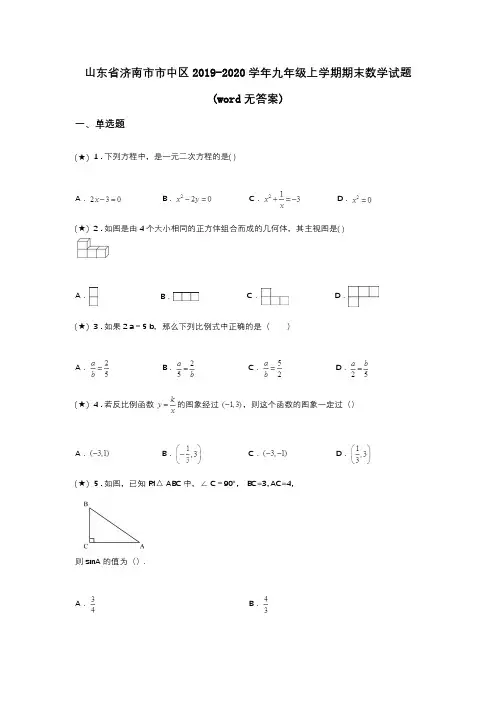 山东省济南市市中区2019-2020学年九年级上学期期末数学试题(word无答案)