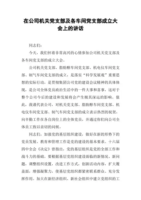 在公司机关党支部及各车间党支部成立大会上的讲话