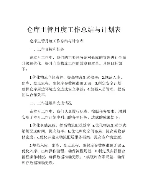 仓库主管月度工作总结与计划表