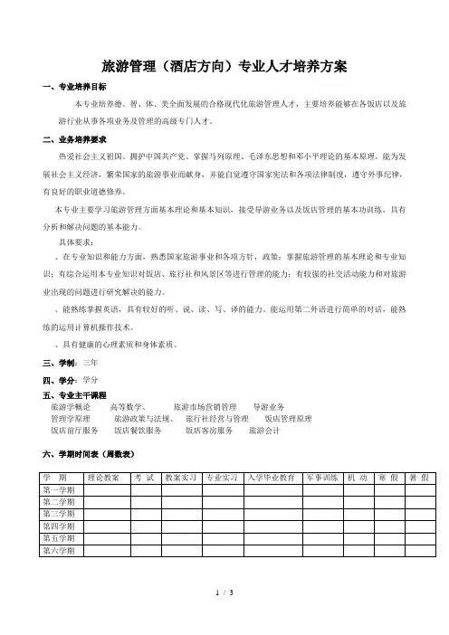 旅游管理(酒店方向)专业人才培养方案
