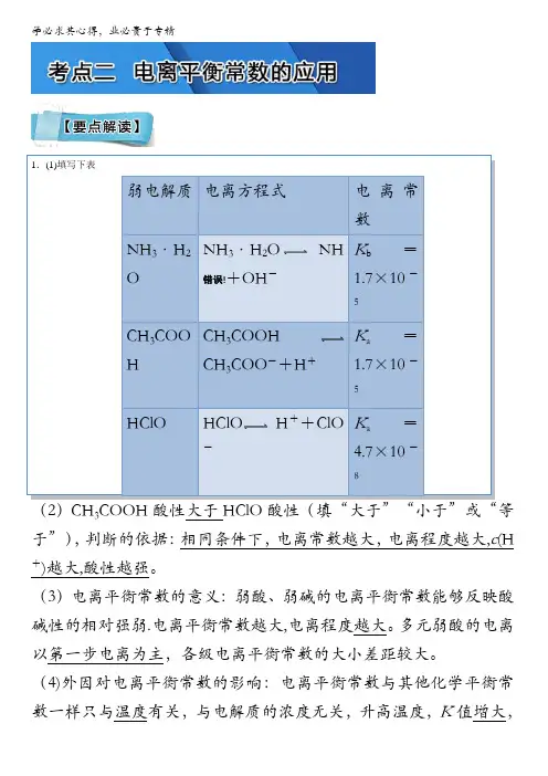 水溶液中离子平衡考点二电离平衡常数的应用