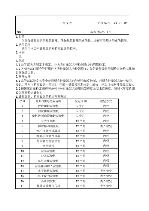 计量器具检定周期规定