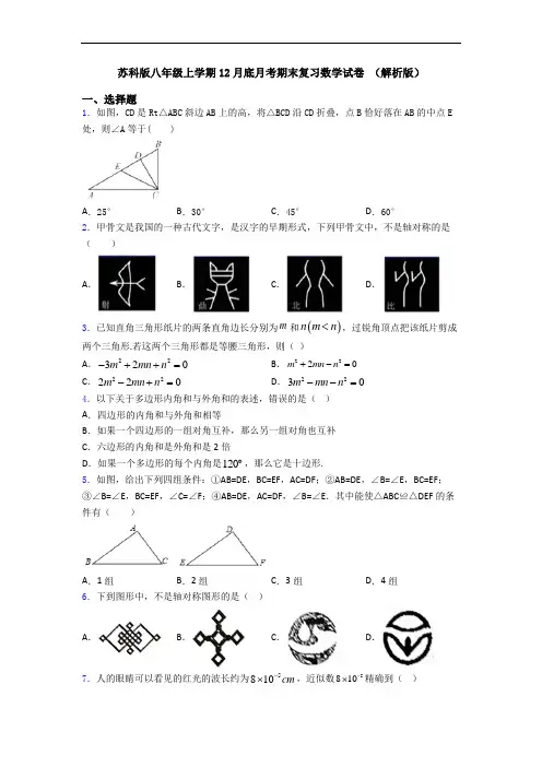 苏科版八年级上学期12月底月考期末复习数学试卷 (解析版)