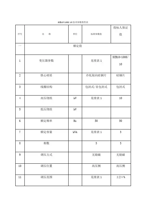 变压器技术参数特性表