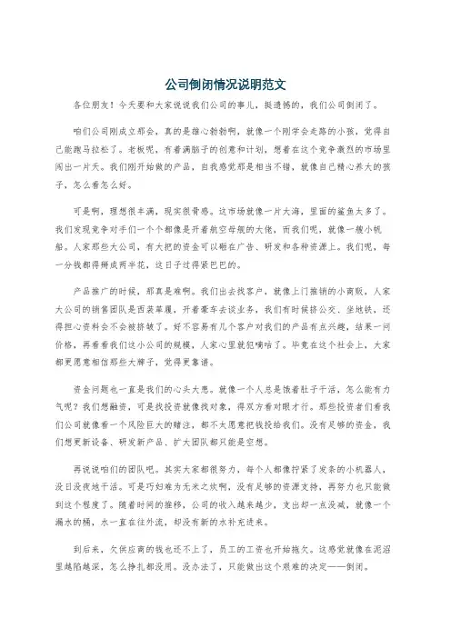 公司倒闭情况说明范文