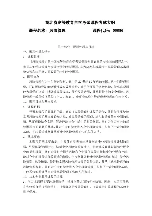 00086 风险管理  考试大纲