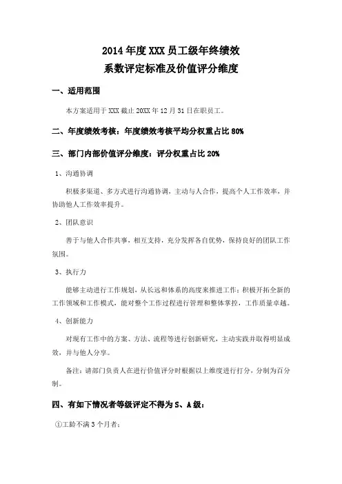绩效等级(S、A级别)评定标准及价值评分维度