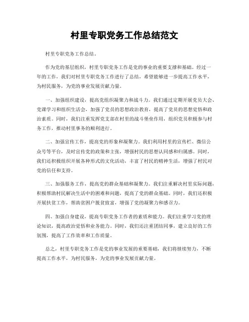 村里专职党务工作总结范文