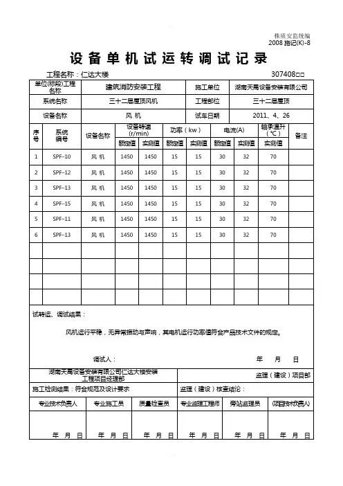 设备单机试运转调试记录