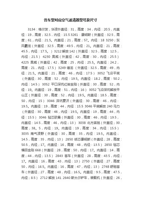 各车型对应空气滤清器型号及尺寸
