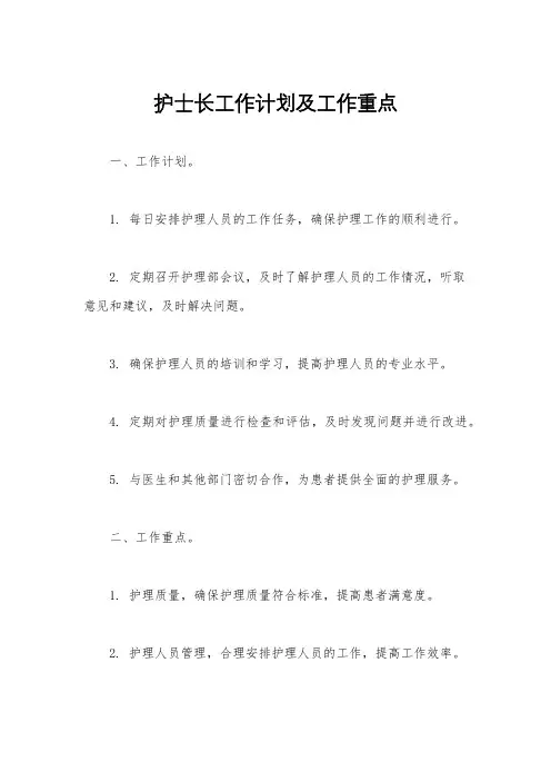 护士长工作计划及工作重点