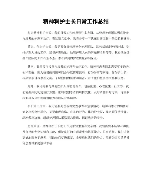 精神科护士长日常工作总结