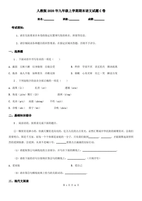 人教版2020年九年级上学期期末语文试题C卷(检测)