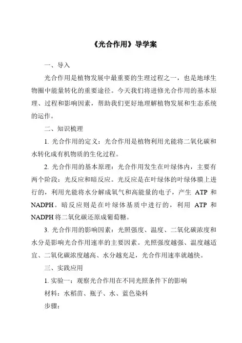 《光合作用导学案-2023-2024学年科学青岛版》
