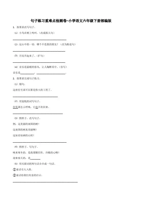 句子练习重难点检测卷-2022-2023学年语文六年级下册(部编版)