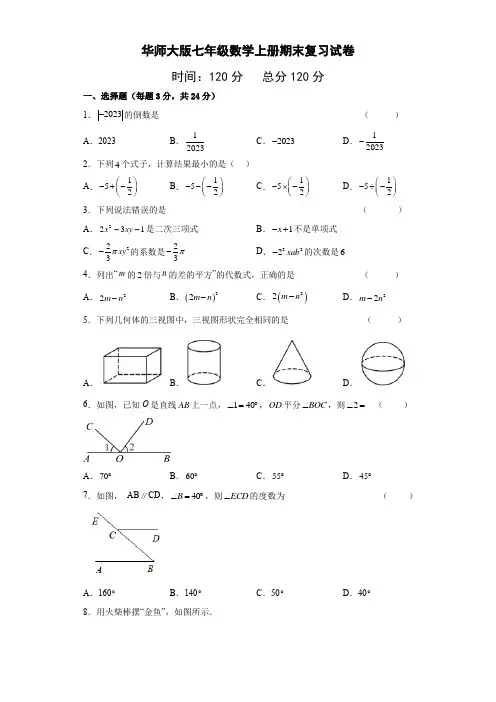 2022--2023学年华东师大版七年级数学上册期末复习试卷(含答案)