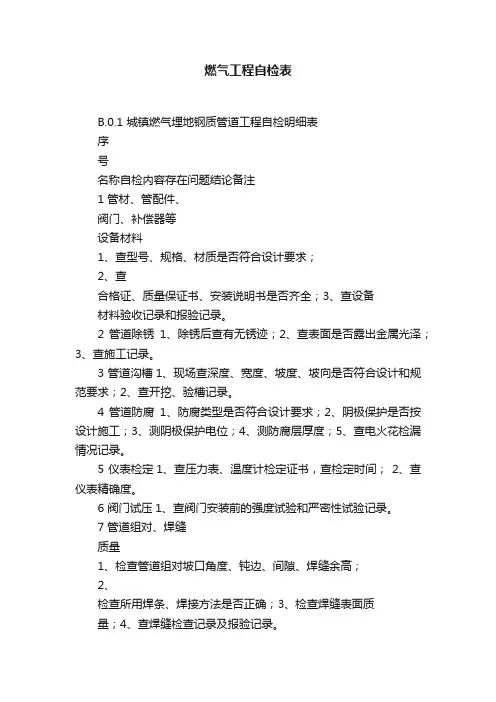 燃气工程自检表