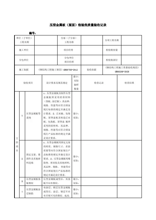 压型金属板(屋面)检验批质量验收记录