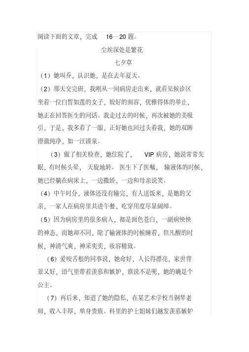 七夕草《尘埃深处是繁花》小说阅读练习及答案(2017年四川省乐山市中考题)