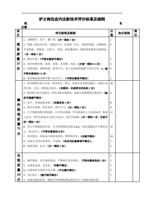 护士岗位皮内注射技术评分标准及细则
