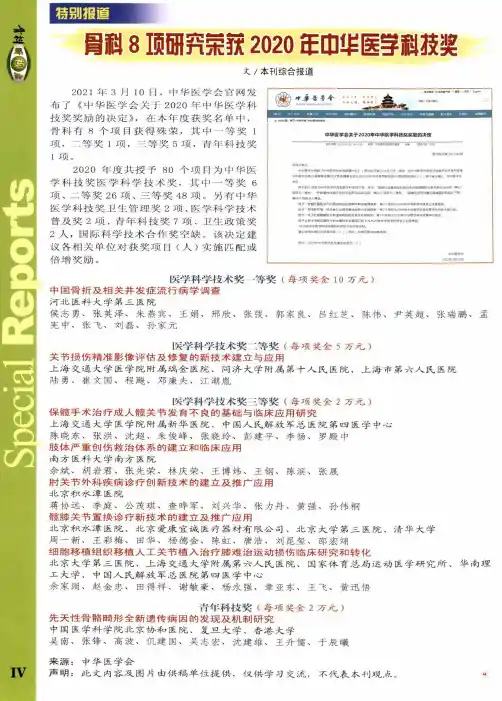 骨科8项研究荣获2020年中华医学科技奖