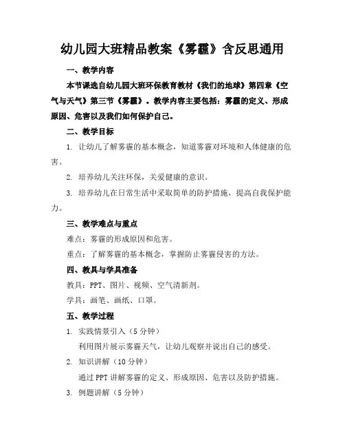 幼儿园大班精品教案《雾霾》含反思通用